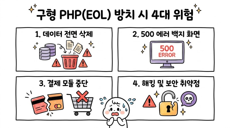 구형 PHP EOL 방치 시 4대 위험 인포그래픽